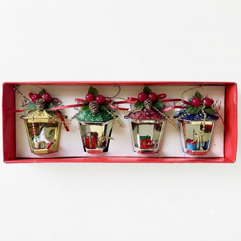 Vintage Diorama Christmas Ornaments 4 Pc Set Holiday Lantern Decor Danson NIB